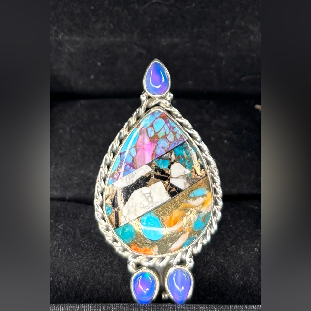 Spiny oyster turquoise with opal sterling silver size 7.5